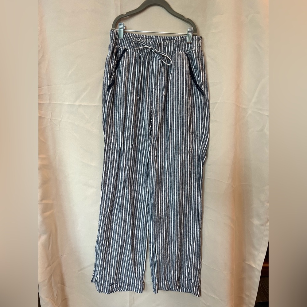 Linen Blend Blue Striped Pants- Wide Leg